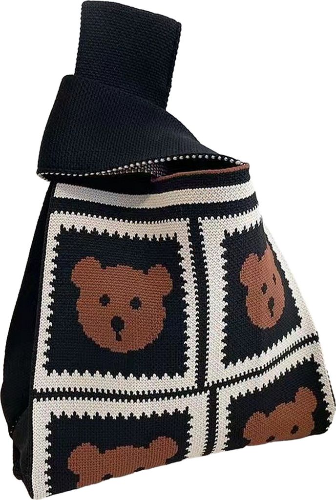Damen Handgelenk Handtasche Cartoon Bär Rose Muster Ästhetische Häkelstrick-Einkaufstasche Armbandtasche Ärmel Knotentasche