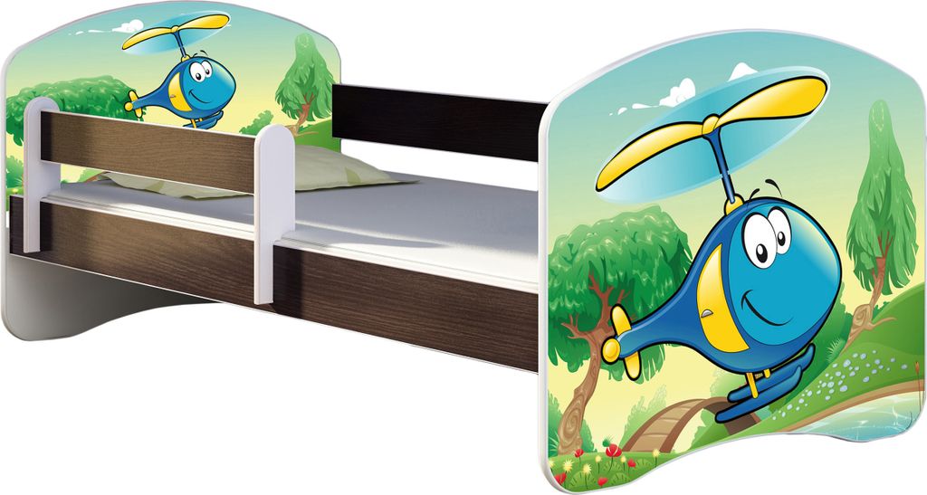 ACMA Jugendbett Kinderbett Junior-Bett Komplett-Set mit Matratze Lattenrost und Rausfallschutz Wenge 35 Hubschrauber 140x70