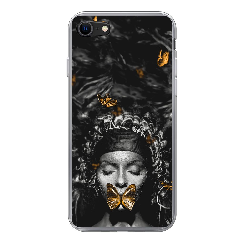 MuchoWow Handyhülle Schutzhülle Hülle für iPhone SE 2022 Frau - Schmetterlinge - Schwarz - Weiß Silikon Softcase Handy Hülle - Schutzhülle