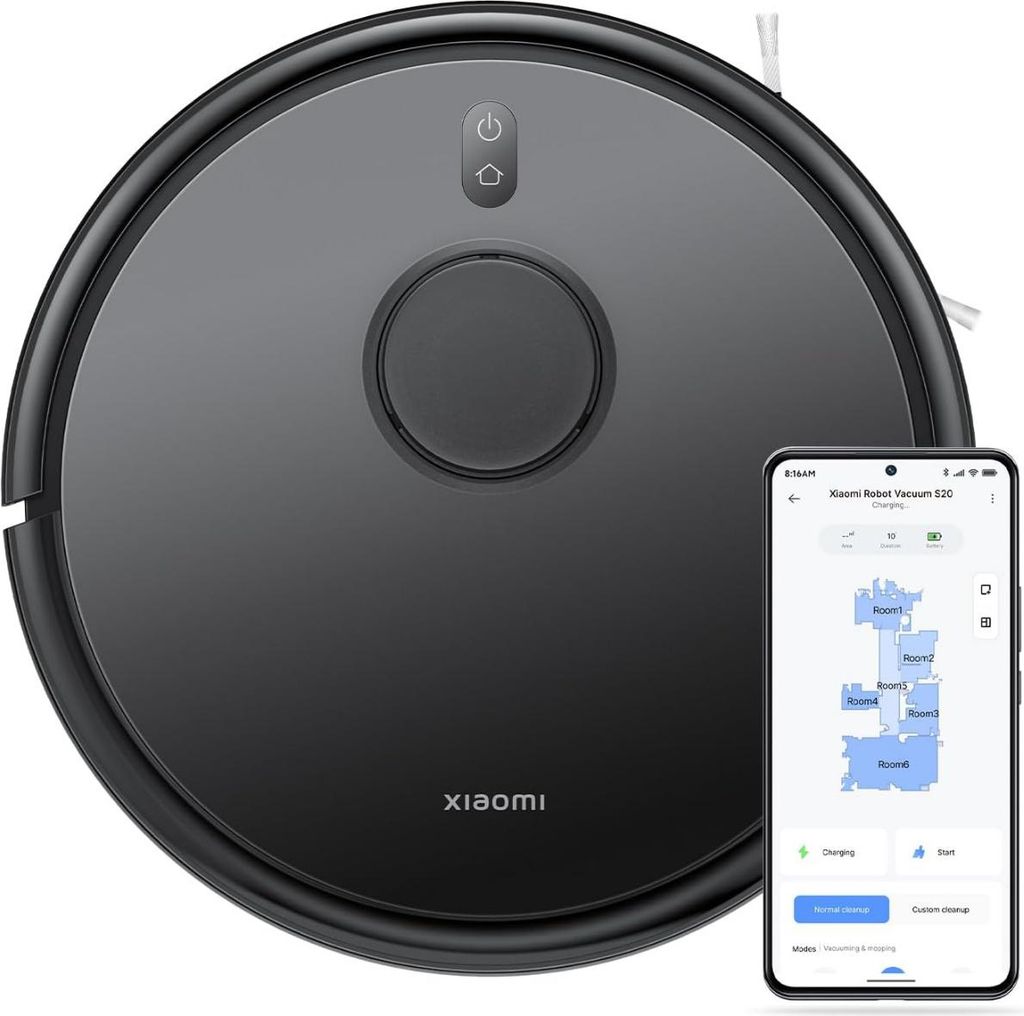 A robot vacuum cleaner and a smartphone displaying its app interface are shown together.