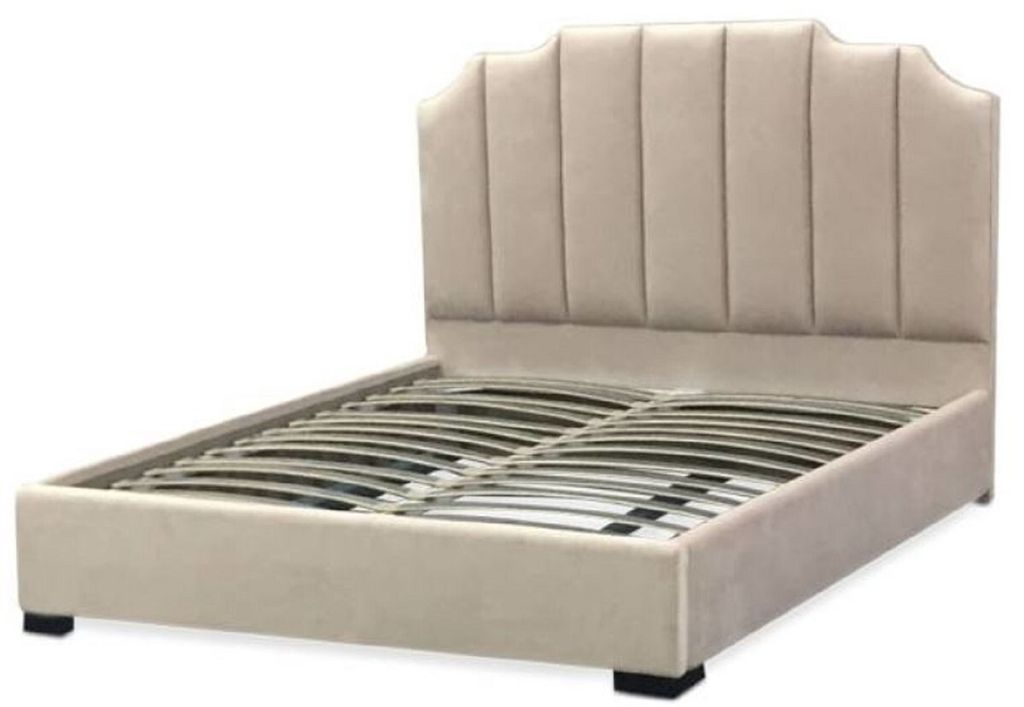 Casa Padrino Luxus Samt Doppelbett Elfenbeinfarben / Schwarz 193 x 212 x H. 140 cm - Massivholz Bett mit edlem Kopfteil - Schlafzimmer Möbel