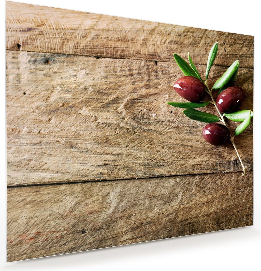 Glasbild Wandbild Olivenzweig auf Holztisch 100x80cm in XXL für Wohnzimmer, Schlafzimmer, Badezimmer, Flur