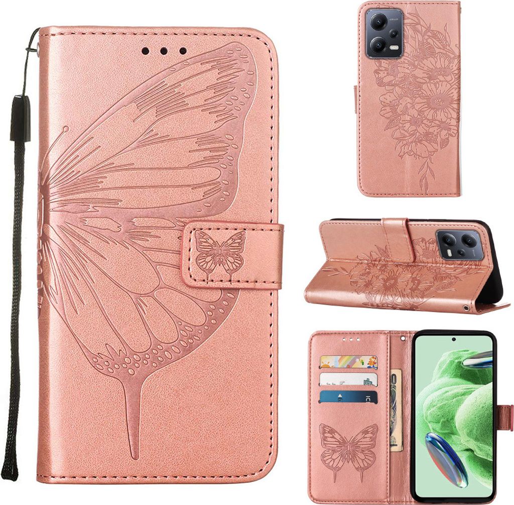 Lederhülle für Xiaomi Poco X5 /Redmi Note 12 5G Schmetterling Prägung Flip Ledertasche Kartenfächer Handyhülle mit Ständer Pink
