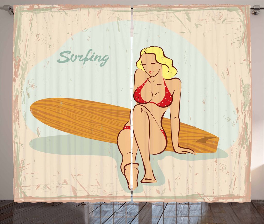 ABAKUHAUS Pin up Girl Rustikaler Vorhang, PolkDotted Bikini, Wohnzimmer Universalband Gardinen mit Schlaufen und Haken, 280 x 175 cm, Mehrfarbig