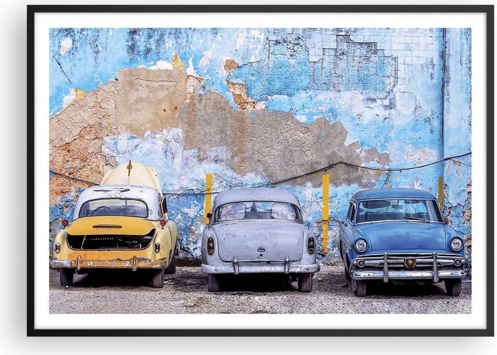 Gerahmtes Poster - Schwarzer Rahmen - Havanna Oldtimer Autos - 100x70 cm - Wand Bild - Wanddeko - Wandbilder - Kunstposter - Wandposter - Bilderrah...