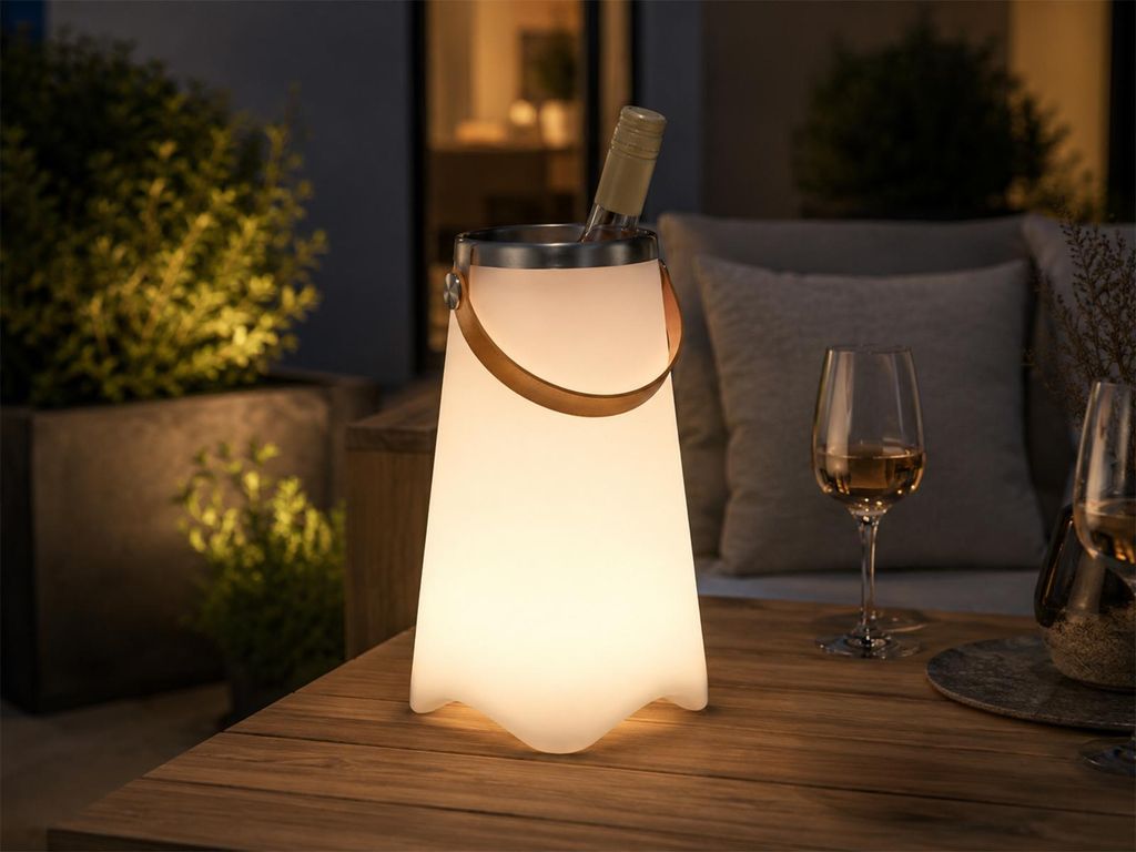 Kabellose Outdoor Tischlampe mit Akku, Flaschenkühler & Bluetooth Lautsprecher