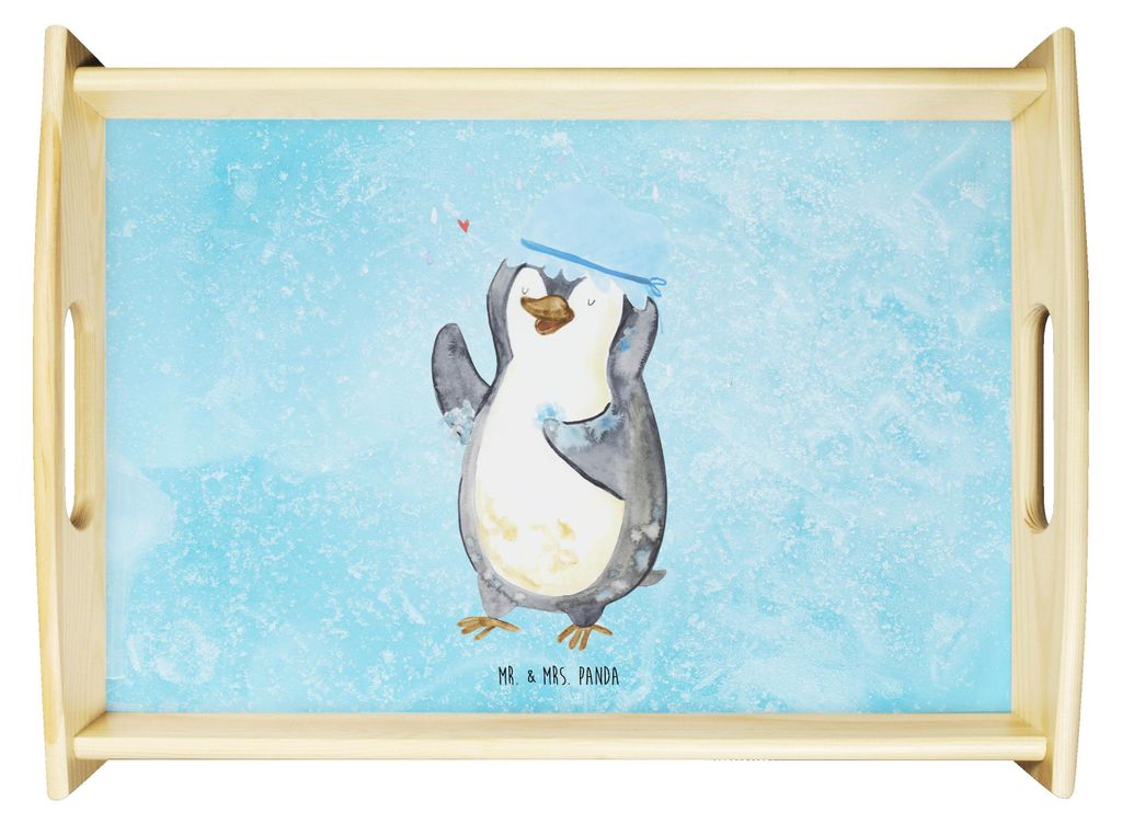Mr. & Mrs. Panda Serviertablett Pinguin Duschen - Eisblau - Geschenk, Dusche, tablett zum servieren, couchtablett, sofatablett, Sofa, Duschkonzert,...