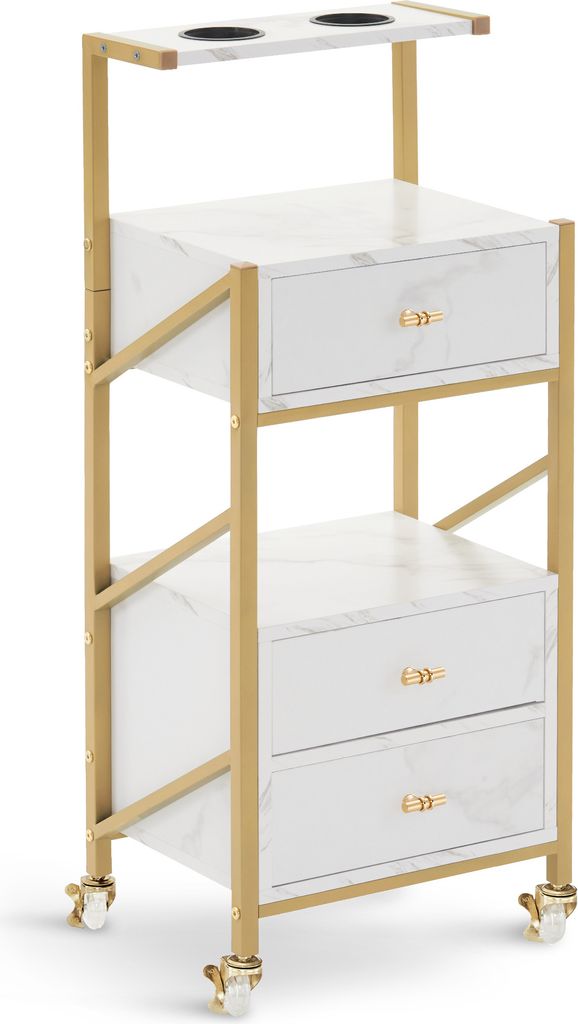 M MCombo Friseurwagen mit Rollen & 3 Schubladen, Rollwagen Servierwagen Weiß-Gold, Salon Trolley mit 2 Ablagen & 2 Föhnhalter, 0048