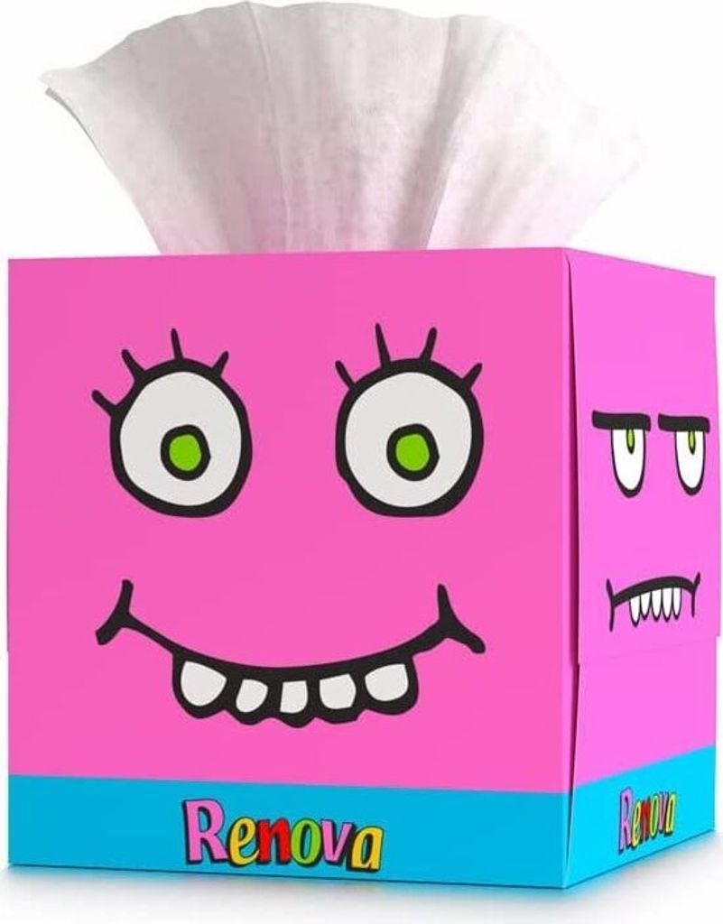 Renova Kids-Box Taschentücher - 4er Pack Gesichter - Zupfboxen Kids - fröhliche Gesichter - Kosmetiktücher - 4 Packs á 50 Tücher pro Box