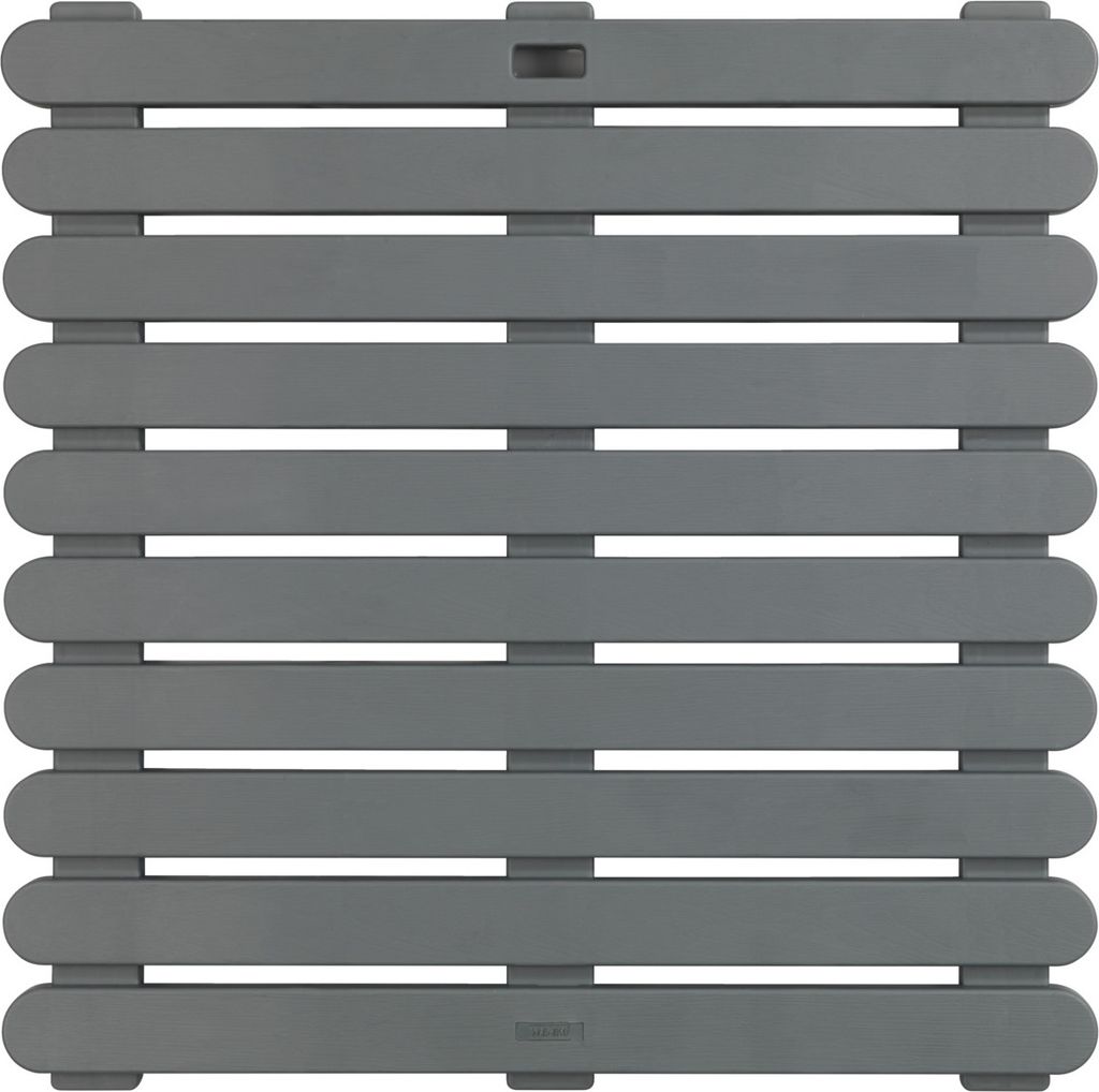 A top-down view of a grey slatted shower mat.
