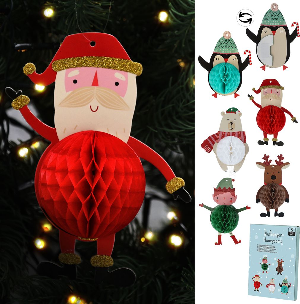 Christbaumschmuck Weihnachtsfiguren Honeycomb 5er Set bunt Papier 300gsm Hänger Rentier Elf Pinguin Santa Eisbär