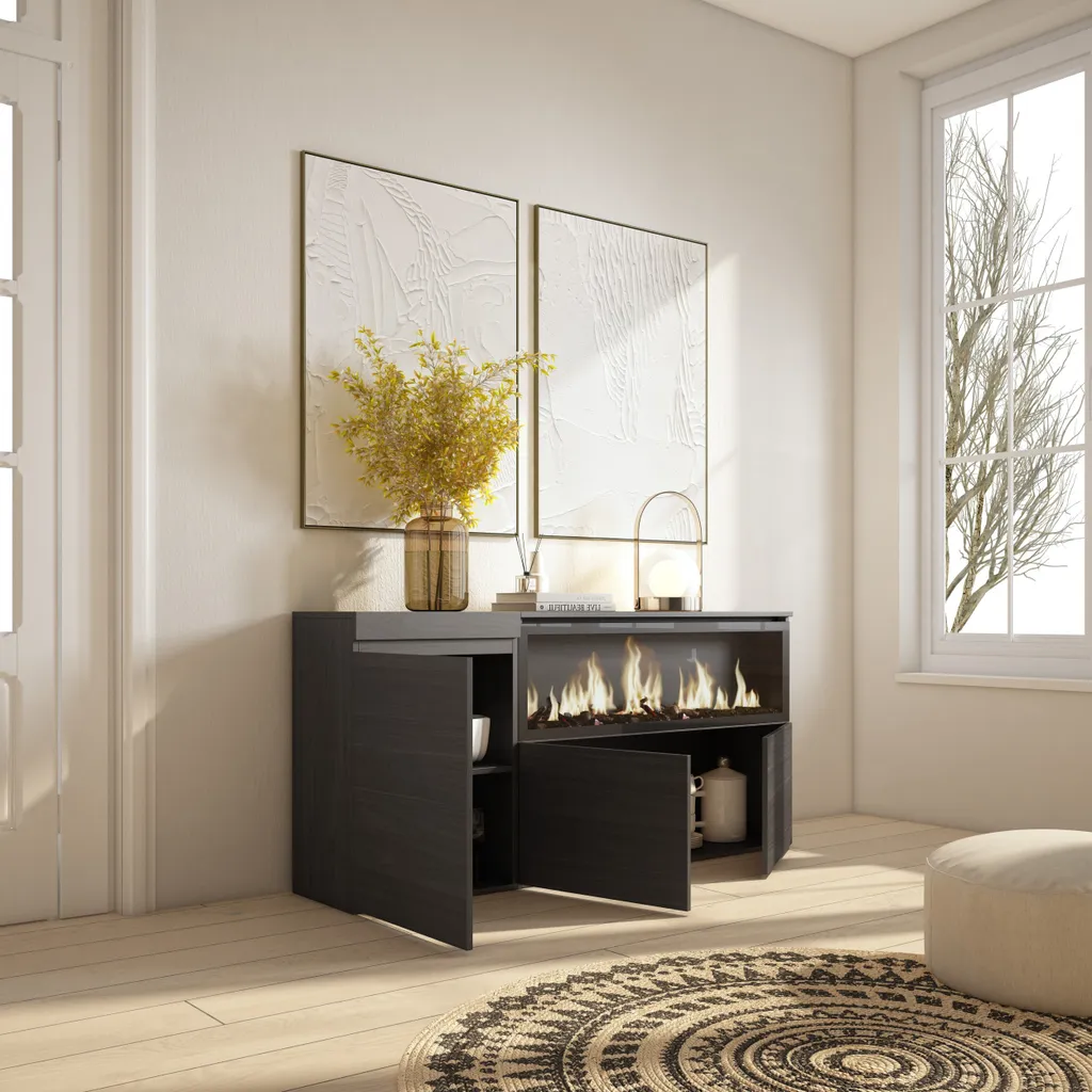 Buffet Rangement Salon 158cm Noir et Cheminée Électrique pour Ambiance