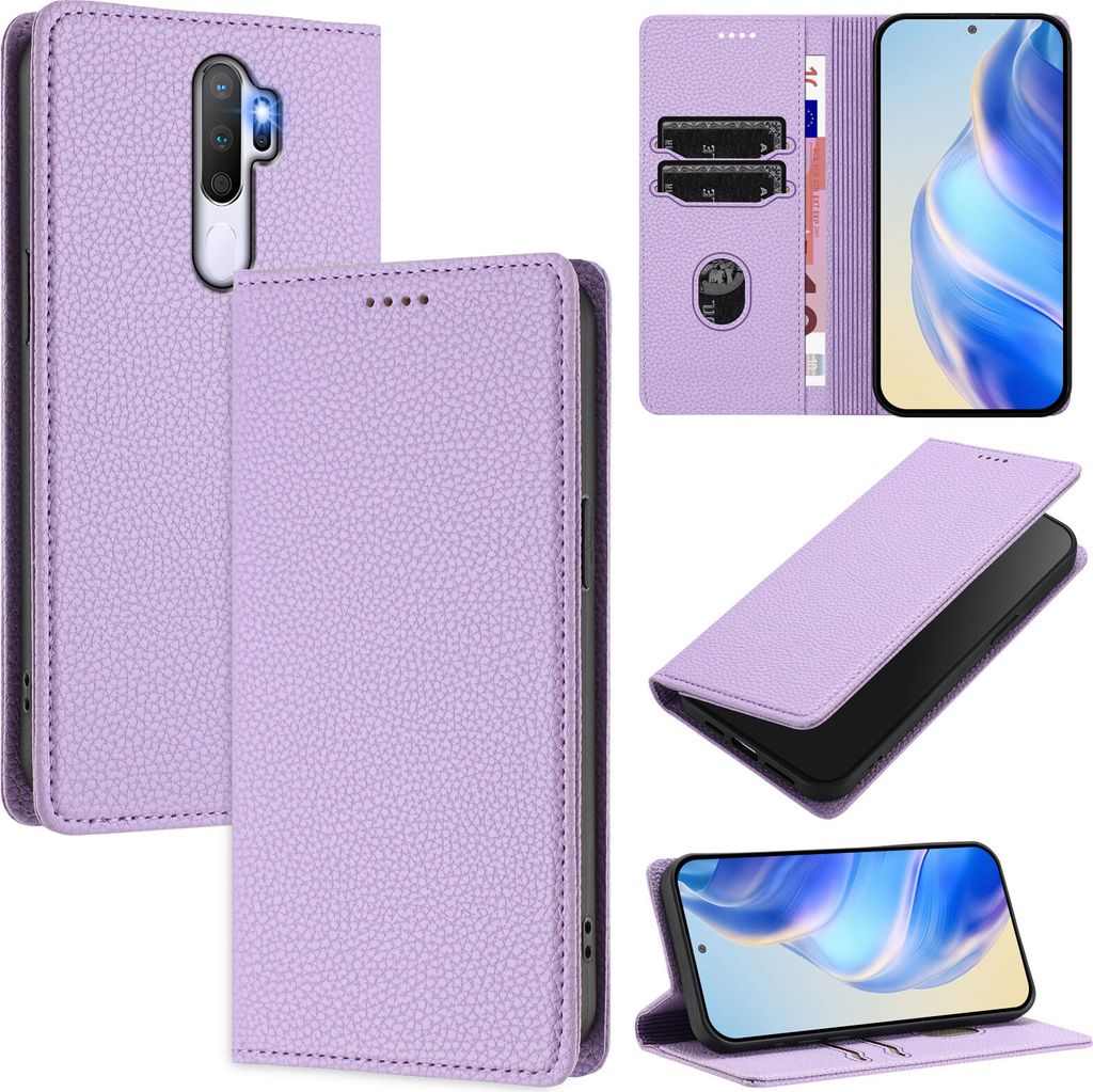 Litchi Leder Handyhülle für Oppo A9 2020/A5 2020 Wallet Kartenfächer Standfunktion Hülle Violett