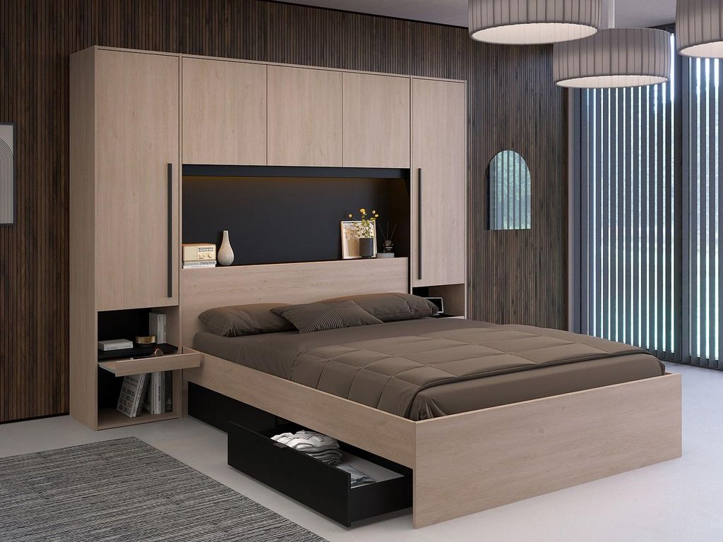 Bett mit Box i - 160 x 200 cm - Mit LED - Farbe: Natur und schwarz + Rahmen - VELONA