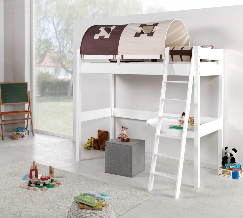 Hochbett Renate Buche Massiv Weiß lackiert mit Schreibtisch und Textilset