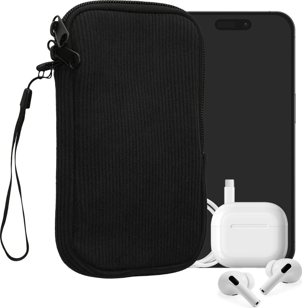 kwmobile Handytasche für L - 6,5" Hülle - Cord und Neopren Tasche mit Handschlaufe - Case 16,5 x 8,9 cm Innenmaße - Handyhülle in Schwarz