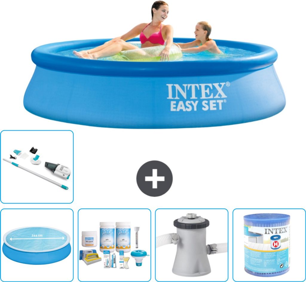 Intex runder aufblasbarer Easy Set-Pool – 244 x 61 cm – Blau – im Lieferumfang enthalten Sonnensegel - Wartungspaket - Filterpumpe für Schwi...