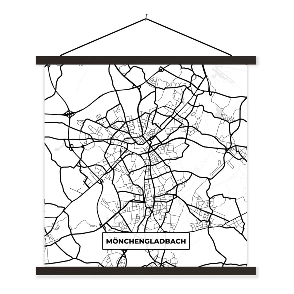 MuchoWow Textilposter Mönchengladbach - Karte - Stadtplan 120x120 cm mit schwarzem Rahmen - Aufhängungsset