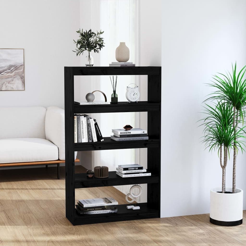 The Living Store Bücherregal Raumteiler Schwarz 80x30x135,5 cm Massivholz Kiefer
