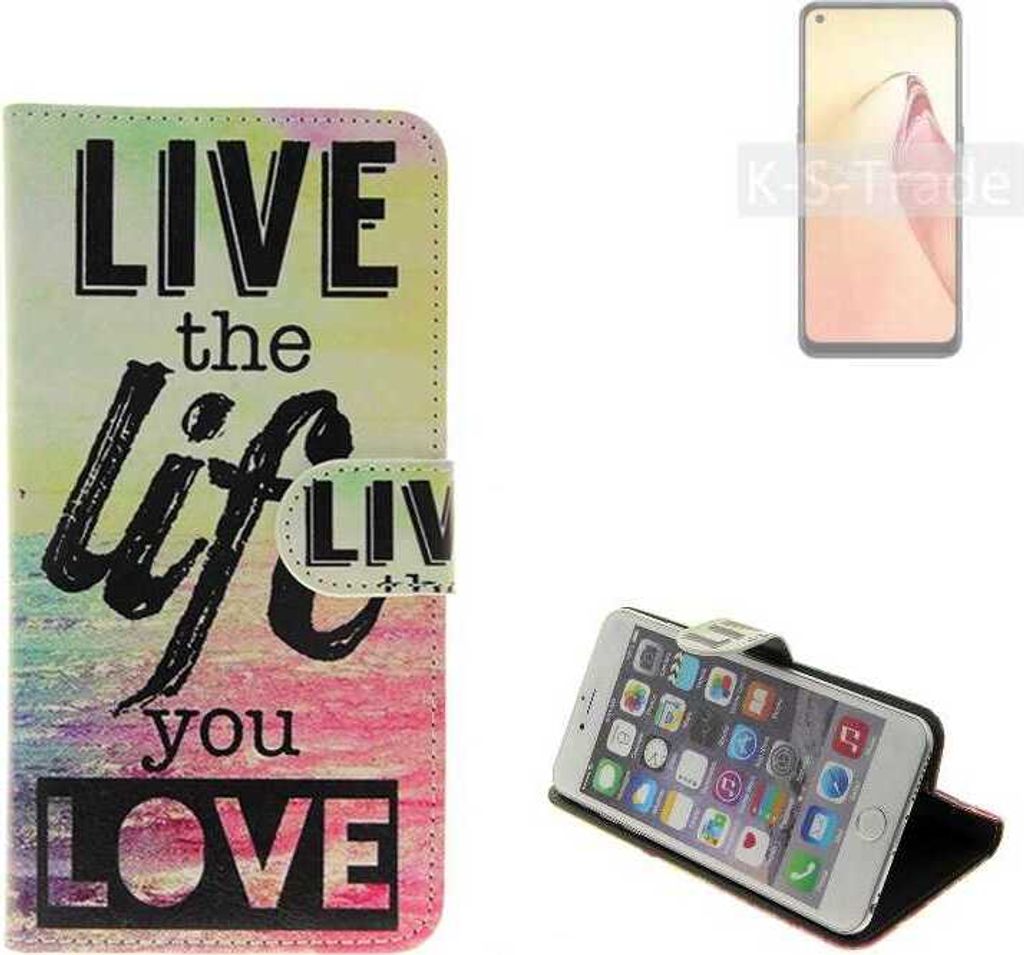 K-S-Trade Schutzhülle Handyhülle kompatibel mit Oppo F21s Pro 4G 360° Wallet Case ''live life love'' Klapphülle Tasche Etui Smartphone Flip cover