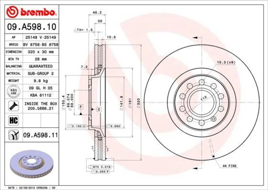 Disque de frein de remplacement pour Audi A4 et Seat Exeo Brembo