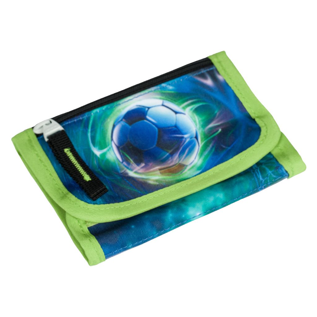 A wallet with a soccer ball design on a white background.