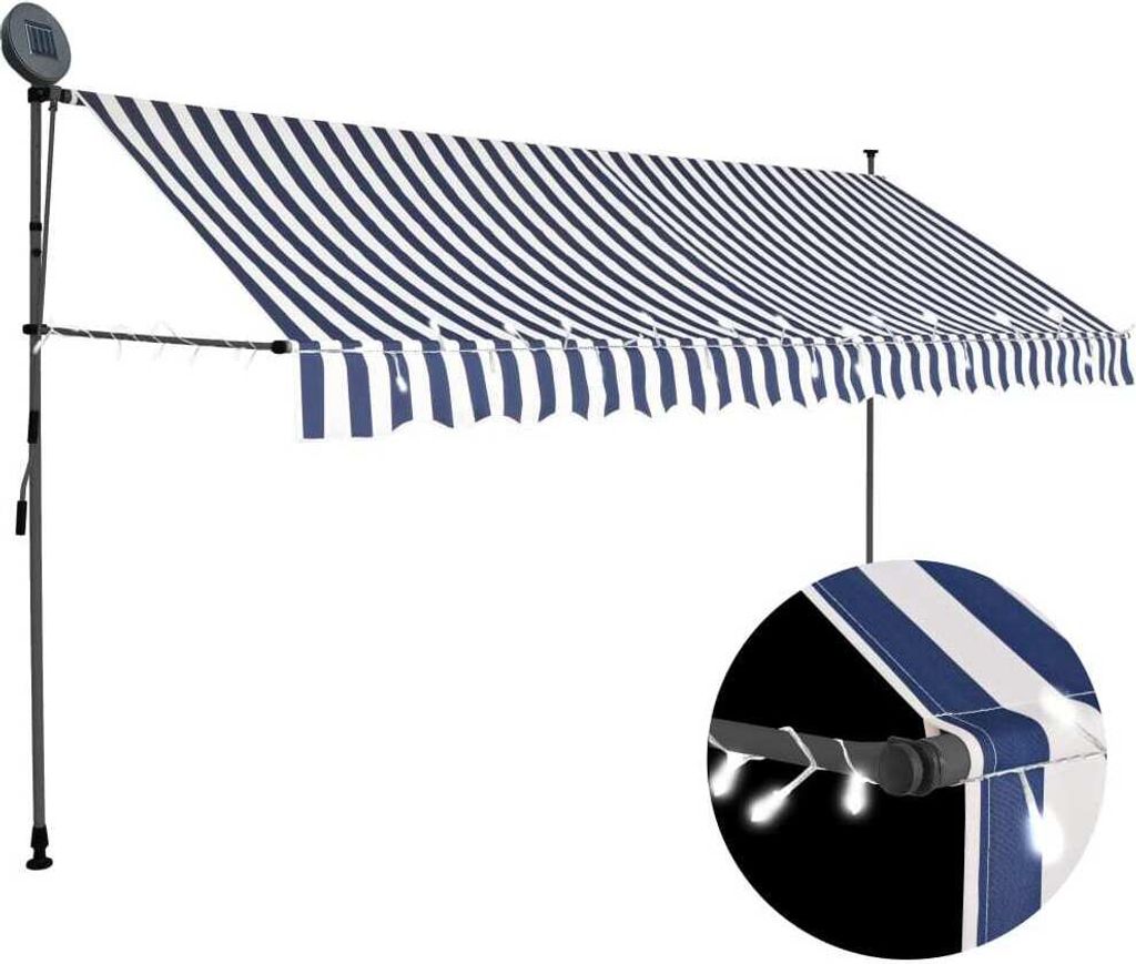 Einziehbare Markise Handbetrieben mit LED 350 cm Blau und Weiß