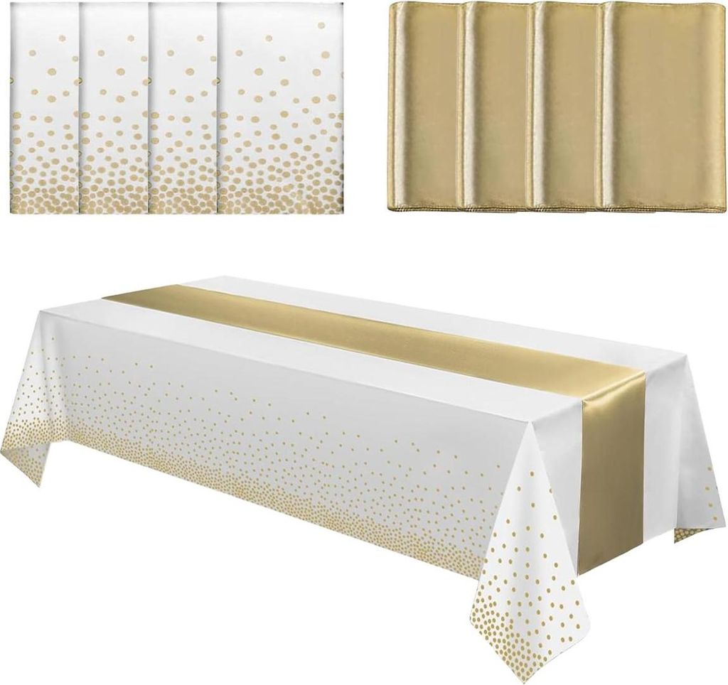 10er-Pack Einweg-Tischdecken aus Kunststoff und Tischläufer aus Satin, Set für Hochzeit, Geburtstag, Babyparty, Jahrestag, Weihnachten, Neujahr, ...