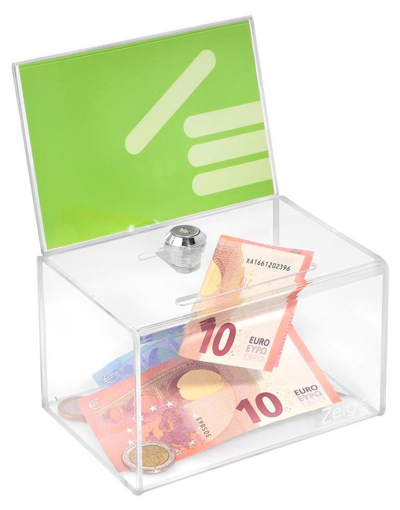 Zeigis® Spendenbox mit Plakateinschub in DIN A6 Quer mit Produktbild 