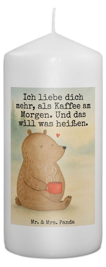 Mr. & Mrs. Panda Stumpenkerze Bär Morgenkaffee Design 15 x 7 cm - Weiß - Geschenk, für Frauen, Bedruckte Kerze, Wachskerze, Hochzeitstag, Erinne...