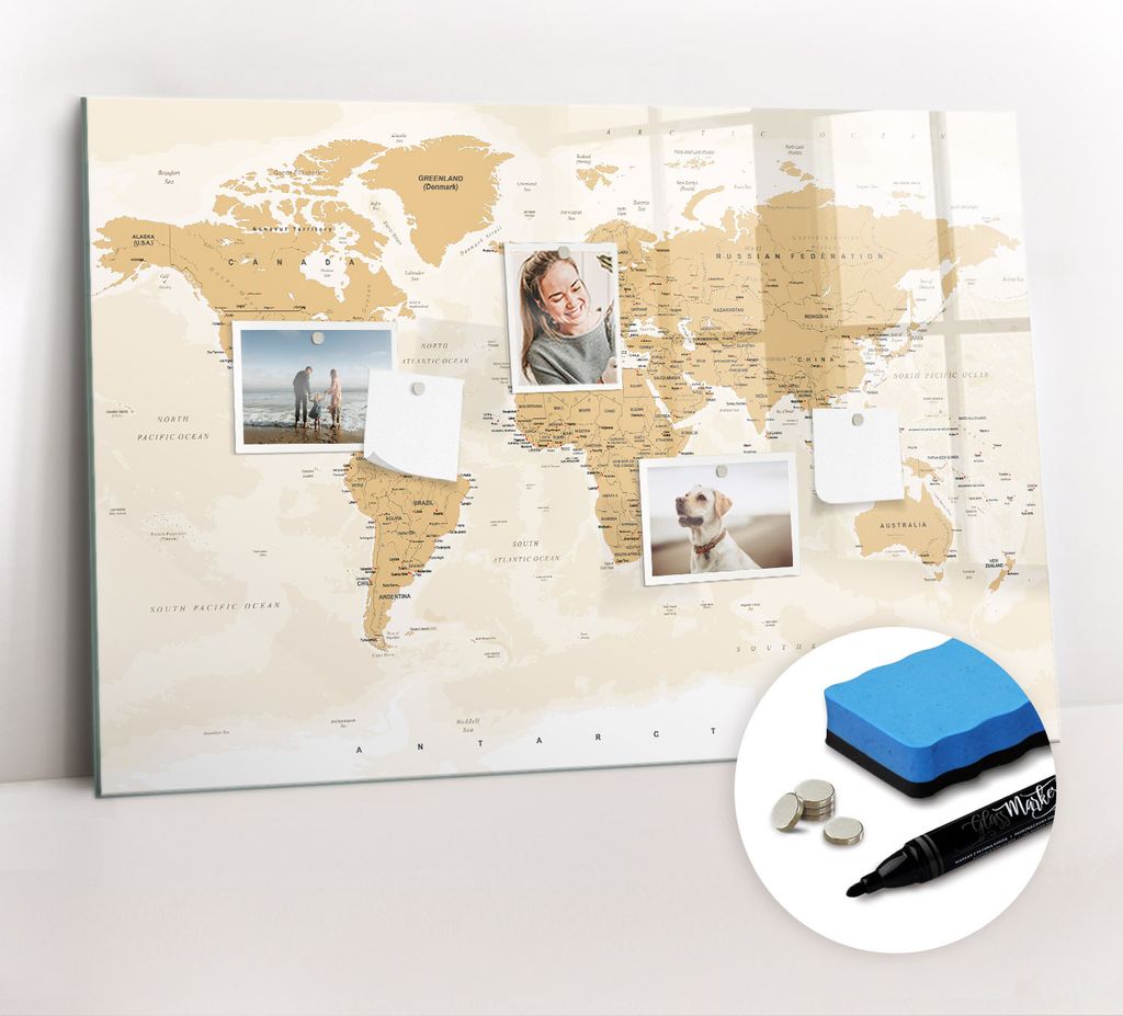 Magnetpinnwand Memoboard - Zubehörsatz - Schwarzer Marker + Schwamm + Magnete - 90 x 60 cm - Politische Weltkarte