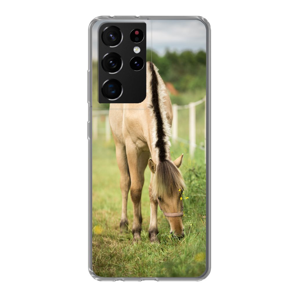 MuchoWow Handyhülle Schutzhülle Hülle für Samsung Galaxy S21 Ultra Porträt eines Fjordpferdes auf einer Wiese Silikon Softcase Handy Hülle ...