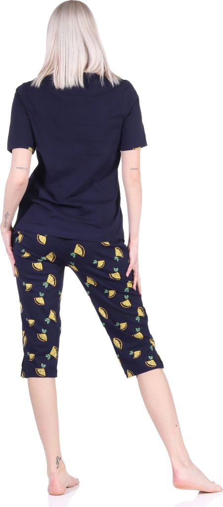 Süsser Damen kurzarm Capri Schlafanzug Pyjama mit Zitronen als Motiv - 112 204 90 535 ; marine , 36-38