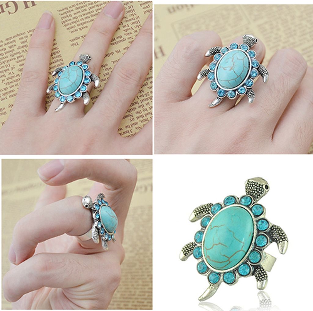 Damenmode-Fingerring mit türkisfarbenem Schildkrötenmuster und blauen Strasssteinen
