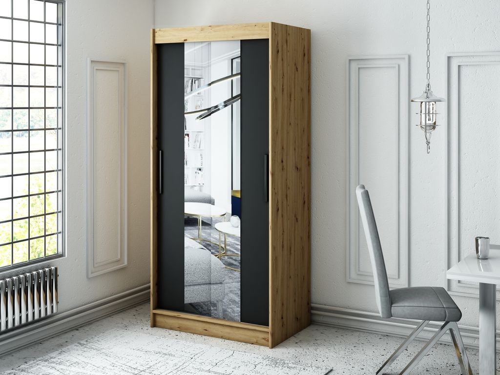 MINIO Kleiderschränk 100 cm LOTO T1 Schwarz matt / Artisan-Eiche