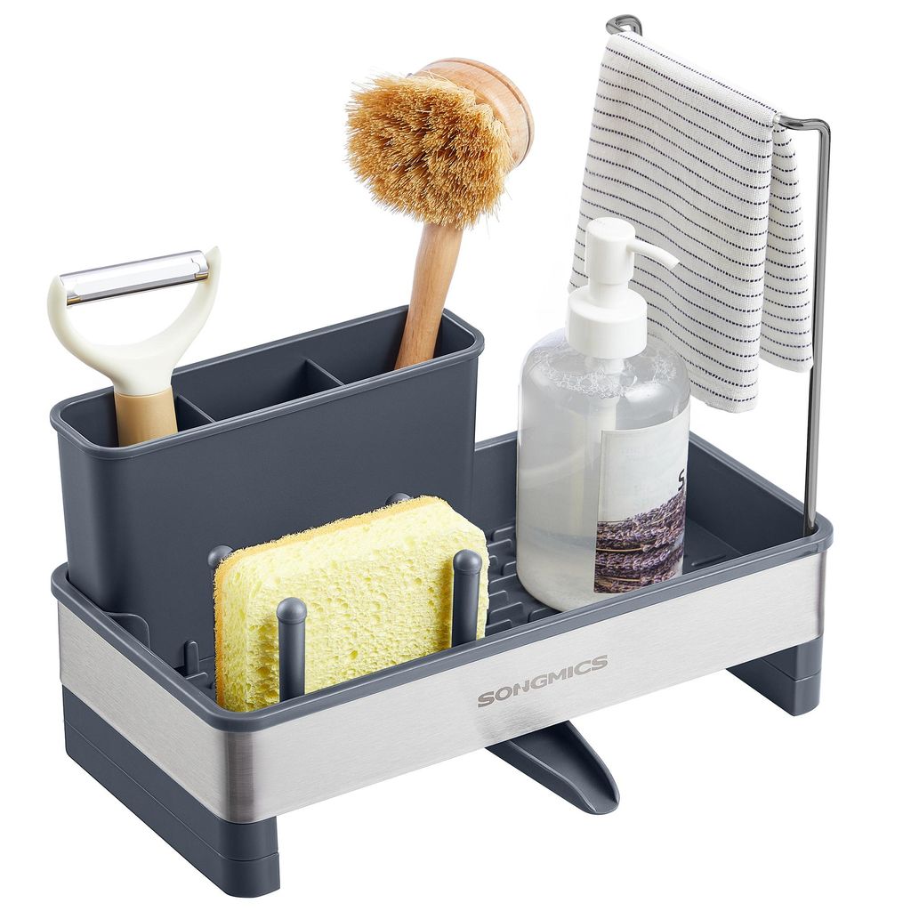 A kitchen sink organizer with various cleaning tools and supplies.