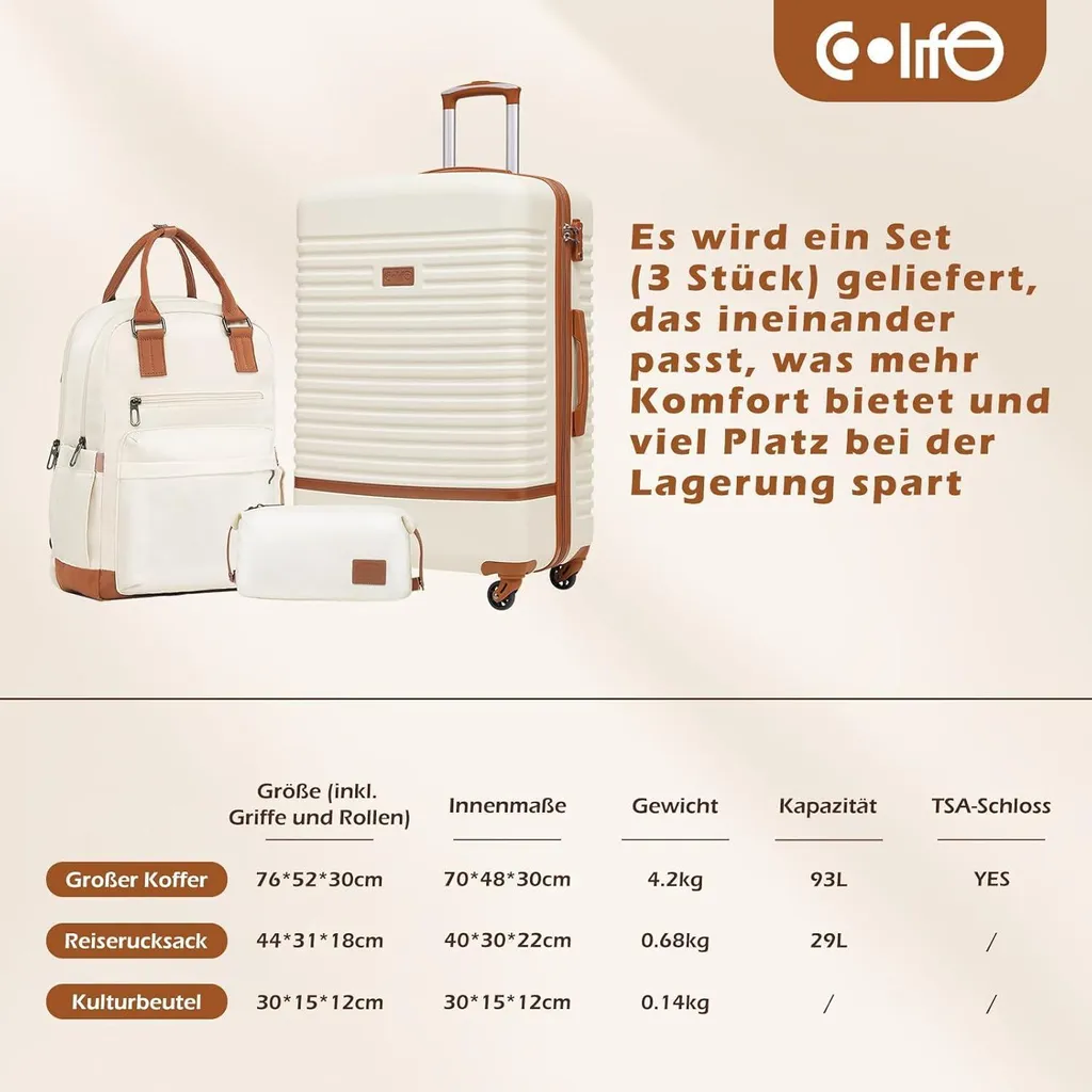 Set de Bagages Rigides 3 Pièces avec Roulettes Multidirectionnelles ABS - 7