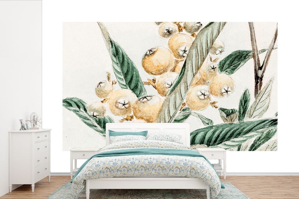 MuchoWow Fototapete für Wohnzimmer oder Schlafzimmer Wandtapete Vinyl Motivtapete Beere - Japanisch - Blatt - Vintage - 360x240 cm - Vinyl-Tapete