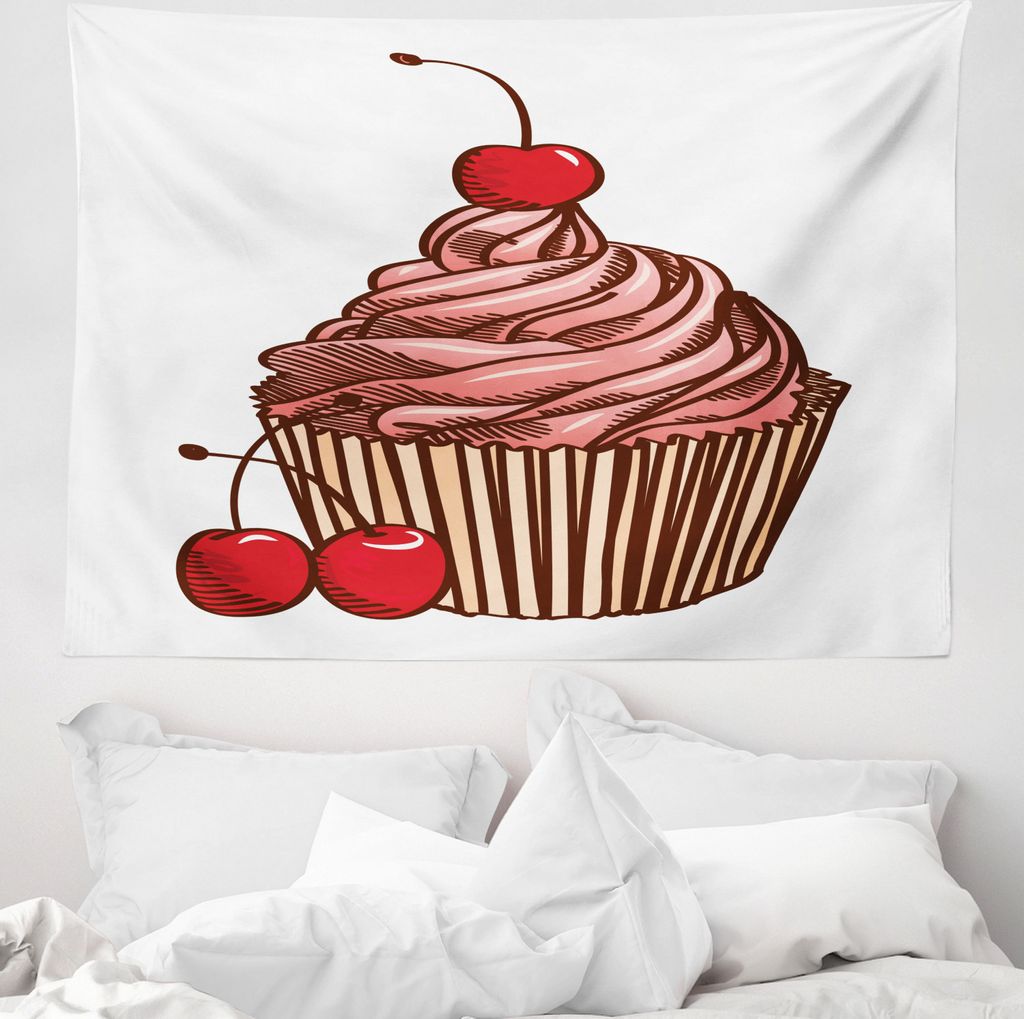 ABAKUHAUS Cupcake Wandteppich, Köstlicher Kuchen mit Kirsche aus Weiches Mikrofaser Stoff Waschbar ohne Verblassen Digitaldruck, 150 x 110 cm, Zin...