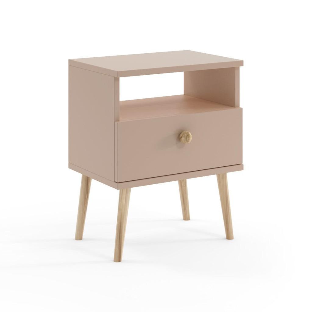 Nachttisch Macchiato Beige NATURA 44cm Nachtschrank mit Schublade & Echtholzbeinen Boho Skandi Design Matt