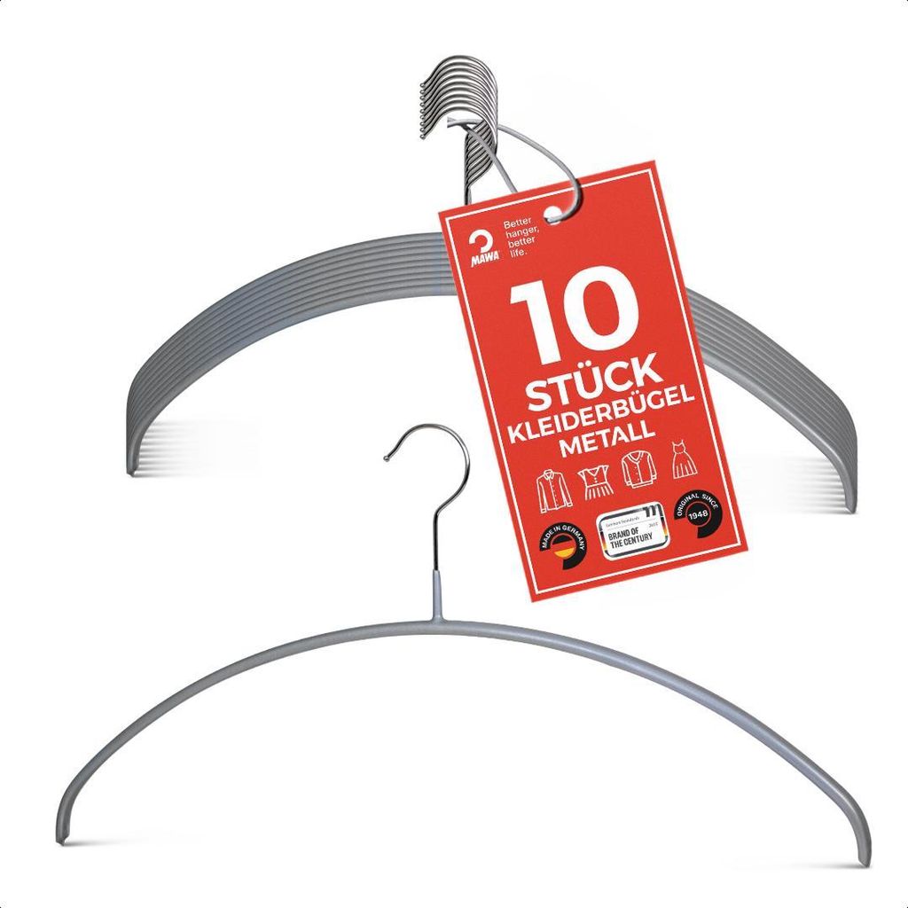 MAWA Kleiderbügel, 10er-Set, rutschfest, 46 cm, Silber, ideal für Shirts & Blusen