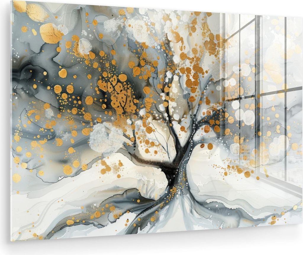 MuchoWow Glasbilder - Bilder auf Wandbild - Foto auf Glas Baum - Modern - Abstrakt - Gold - Schwarz - Weiß 60x40 cm Wanddekoration aus Glas - Acry...