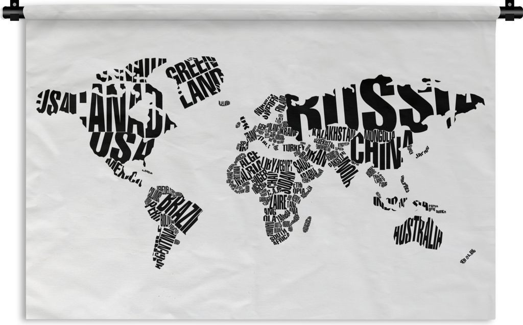 MuchoWow Wandteppich Wandbehang Weltkarte - Schwarz - Weiß - Wörter - Kind - Junge - Mädchen 150x100 cm Tapisserie Dekoration Wandtuch - Wasch...