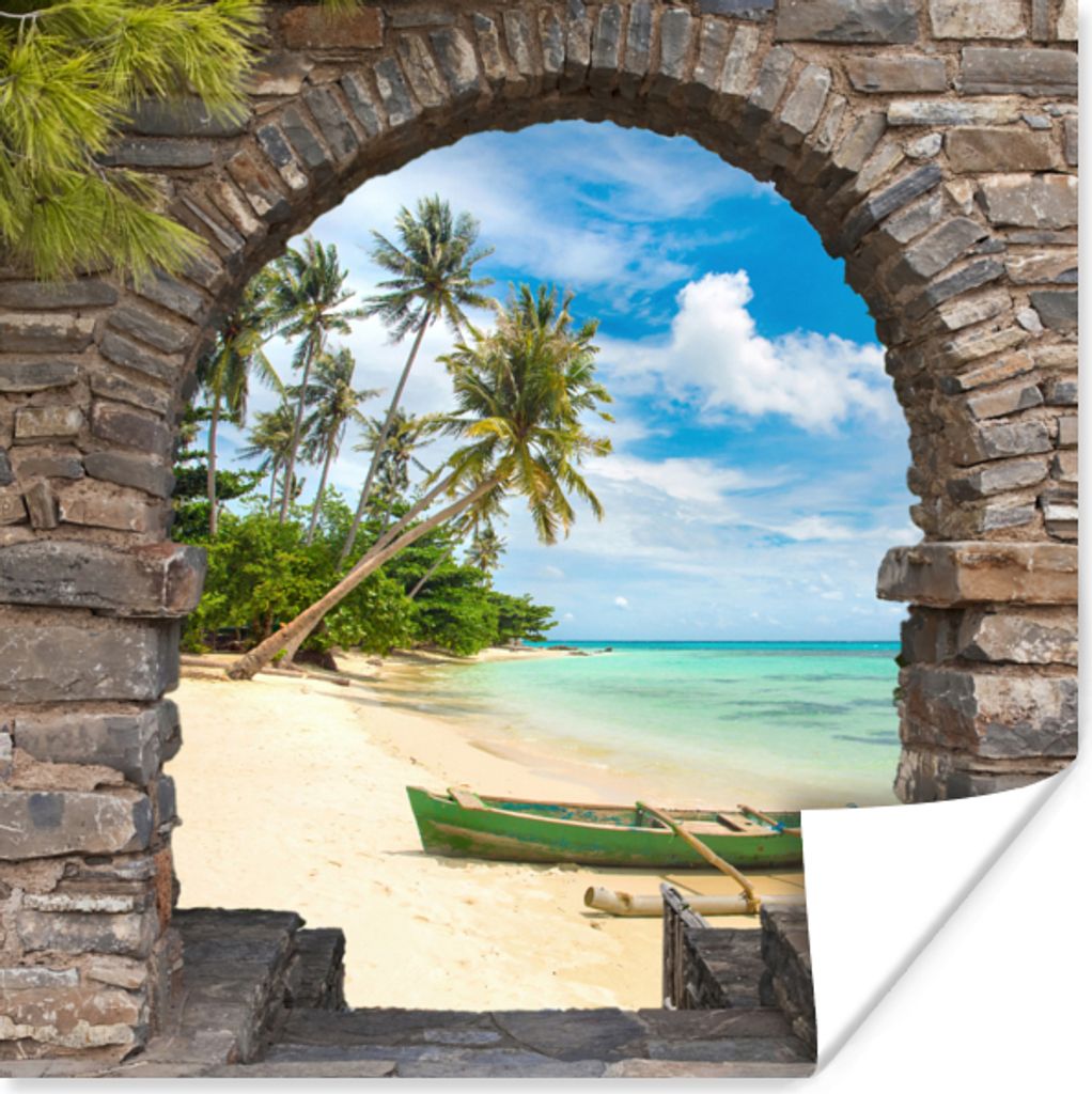 MuchoWow Poster Strand - Palme - Blick - Meer - Kanu 30x30 cm - Wandposter - Printing