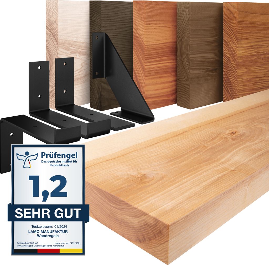 LAMO Manufaktur Wandregal Holz Gerade | Regal Farbe: Natur | mit weißem Vintage Regalträger | 90 cm