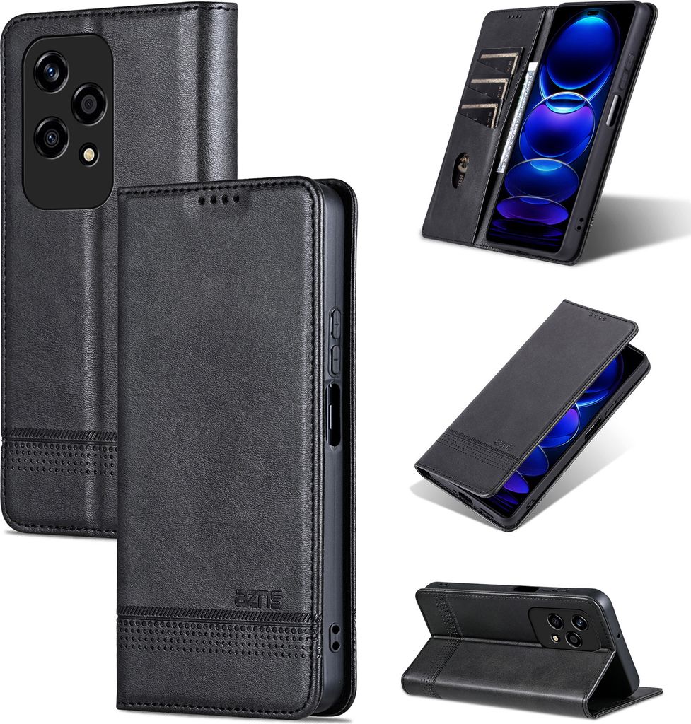 Leder Hülle für Honor 200 Lite, Klapphüllen Brieftasche Magnetverschluss Ständer Schutzhülle Schwarz