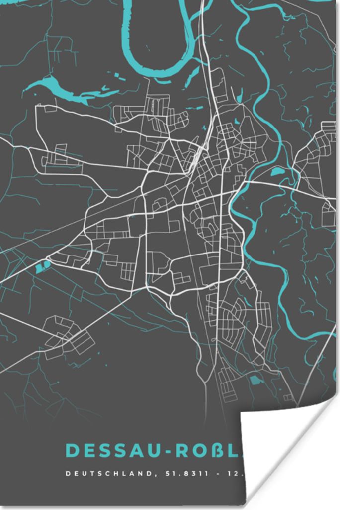 MuchoWow Poster Blau - Deutschland - Karte - Stadtplan - Dessau Roßlau 20x30 cm - Papierdruck