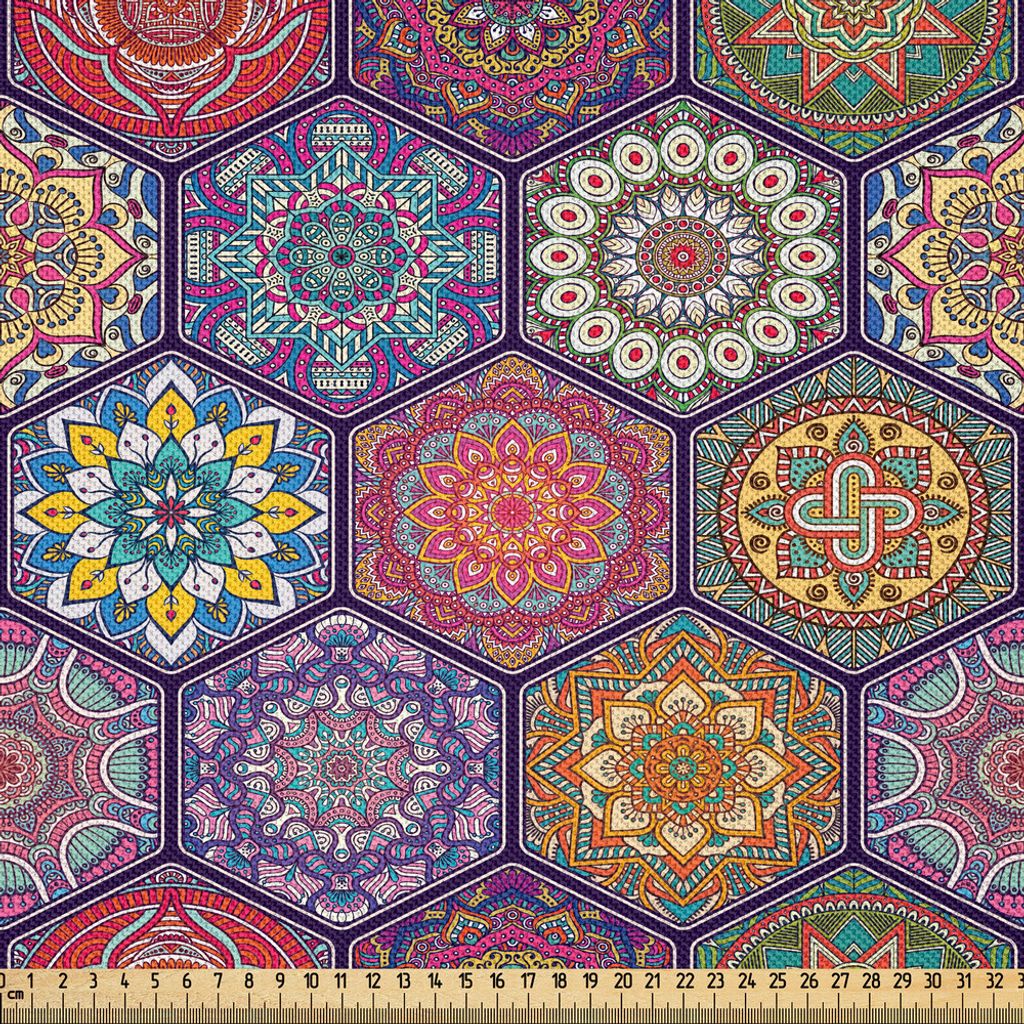 ABAKUHAUS Mandala Satin Stoff als Meterware, Sechseckiges Muster mit Orient-Kulturanordnung und antiken alten Blumen, 5 M (148 x 500 cm), Mehrfarbig