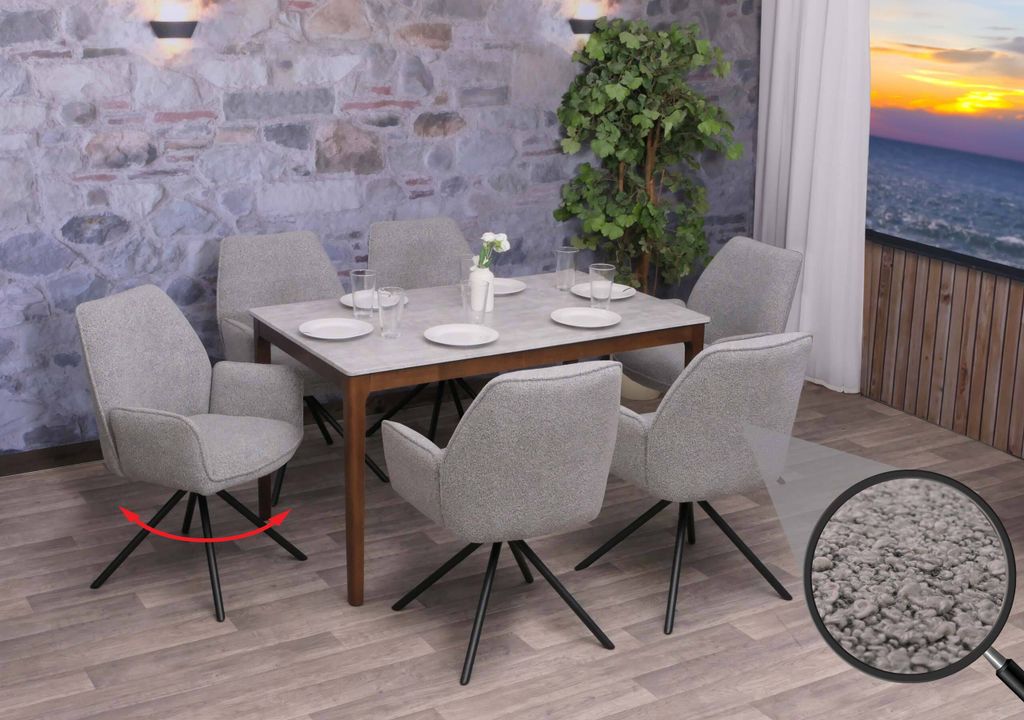 6er-Set Esszimmerstuhl MCW-G67, Küchenstuhl Stuhl Armlehne, drehbar Auto-Position, Stoff Bouclé MVG hellgrau