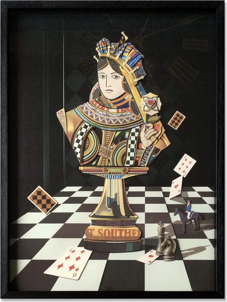 Collage 3D Reine des Échecs ADM - Tableau Artisanal en Relief 80x120cm